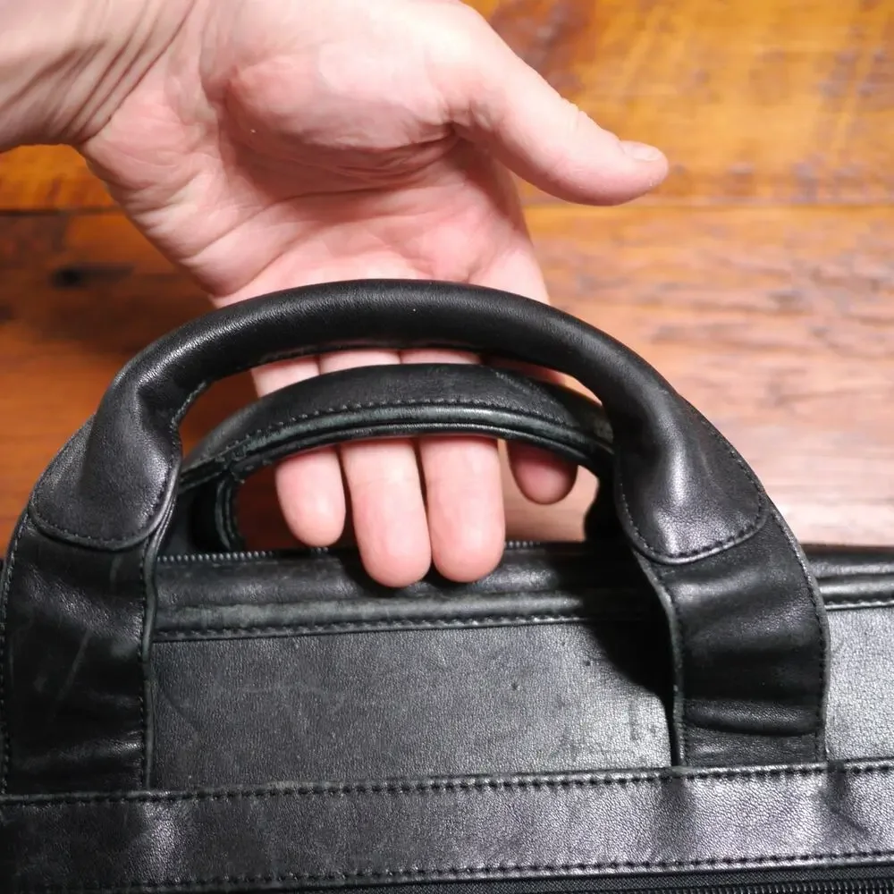 TUMI Black Leather Soft Padded Laptop Bag Travel Briefcase + Shoulder Strap